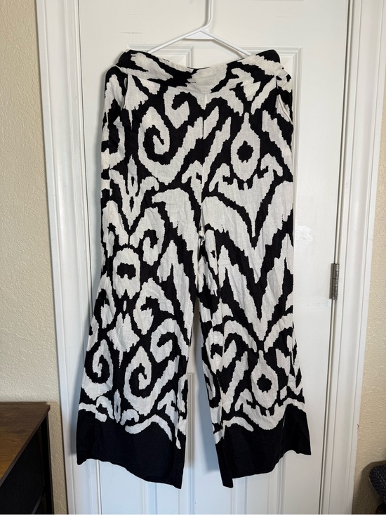 Rachel Zoe Pants - Rachel Zoe Black and White Linen Abstract Wide-Leg Pants